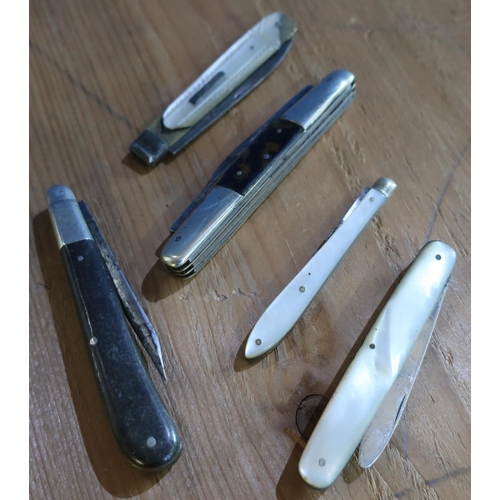 360 - Silver hallmarked Mother of Pearl pocket knife, two other similar and two other vintage pocket knive... 