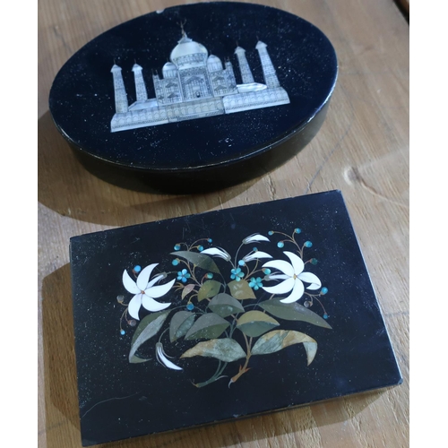 361 - Pietra Dura type inlaid stone floral pattern paperweight and oval Taj Mahal box (2)
