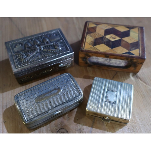 363 - Marquetry wood matchbox cover, Indian style box, Elizabeth Arden compact and a snuff type box (4)