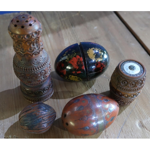 364 - Turned and carved wood rattle in the form of an egg, similar Eastern carved wood items, and a carved... 
