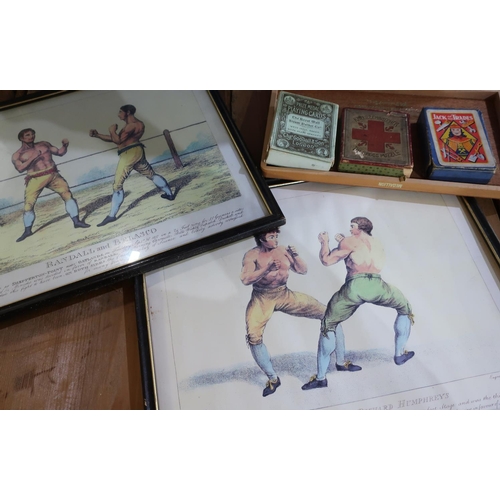 371 - Two framed boxing prints and a selection of various vintage playing cards including The Royal Mail S... 
