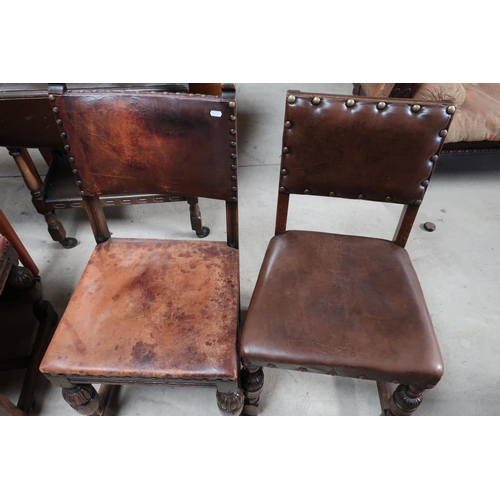 378 - Set of six oak leather studded dining chairs and another mahogany style dining chair (7)
