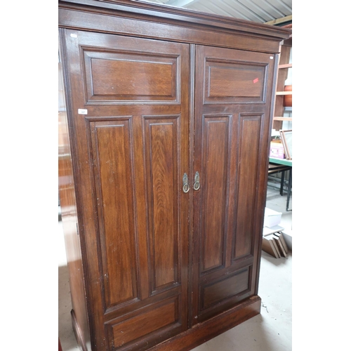 387 - Early 20th C oak two door combination wardrobe with fitted interior (141cm x 68cm x 206cm)