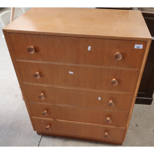 403 - Oak veneered chest of five drawers (76.5cm x 46cm x 101cm)