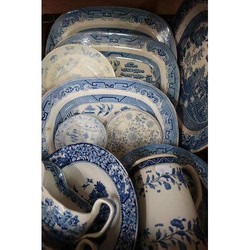 414 - Selection of Victorian and later blue and white ceramics including meat plates, sauce boats etc in o... 