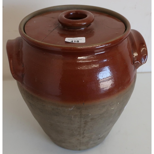 418 - Large earthenware twin handled crock type pot (lid A/F) (height 33cm)