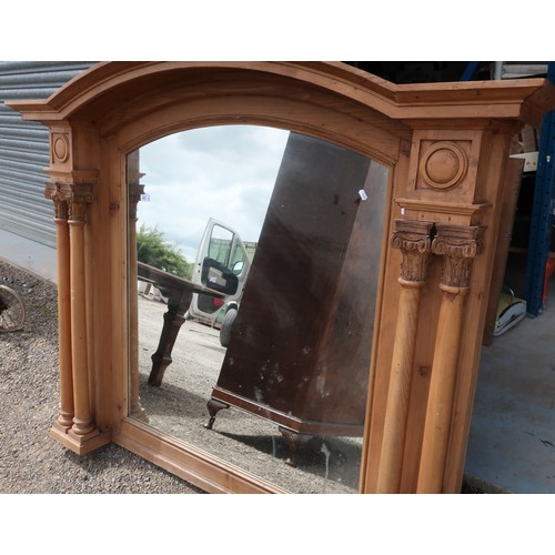 286 - Extremely large Victorian style pine framed over mantel mirror with arched top and carved column sup... 