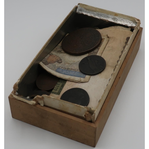 40 - Rectangular box containing a collection of various GB and world coinage, tokens and notes, including... 