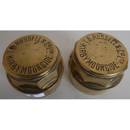 8 - Pair of brass carriage wheel hub caps marked T. B. Russell & Co Ltd, Kirbymoorside
