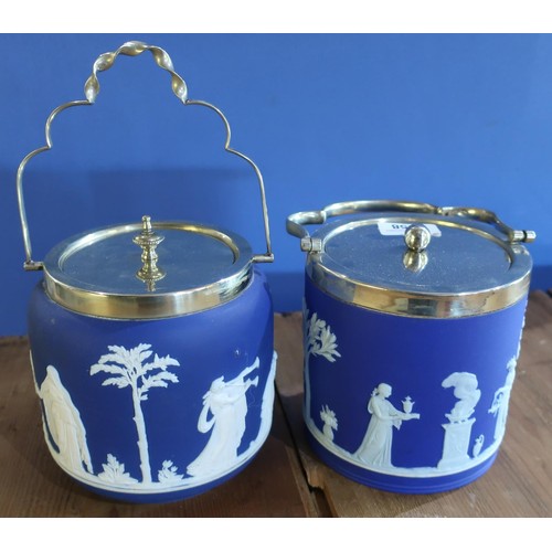 358 - Wedgwood blue Jasper ware biscuit barrel with silver plated top (chip to base) and a similar Adams w... 