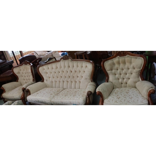 187 - Victorian style three piece suite comprising of two seat sofa and pair of matching armchairs, with c... 