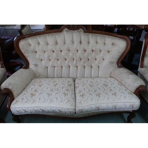 187 - Victorian style three piece suite comprising of two seat sofa and pair of matching armchairs, with c... 