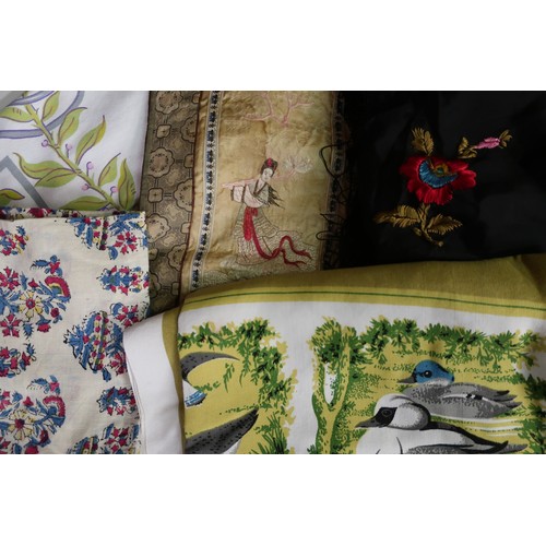 155 - Large collection of various table linen, fabrics, silkwork shawl, Chinese silkwork panel, babies Chr... 