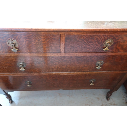 115 - Early - mid 20th C oak dressing chest with raised bevelled edge mirror back, above two short drawers... 