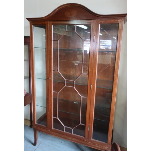 95 - Edwardian mahogany inlaid display cabinet with arched top, enclosed by single glazed door with three... 