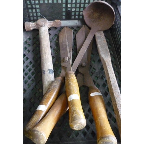 12 - Box containing chisel, hammer, two small hedge cutters and a ladle