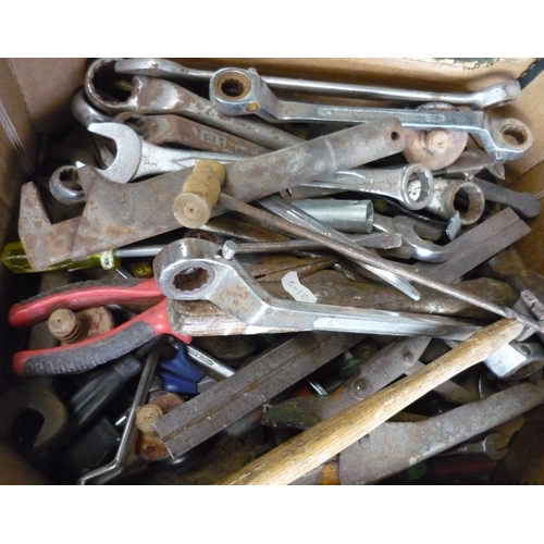 13 - Box containing a large quantity of tools including hammers, spanners, scissors, ratchet, etc