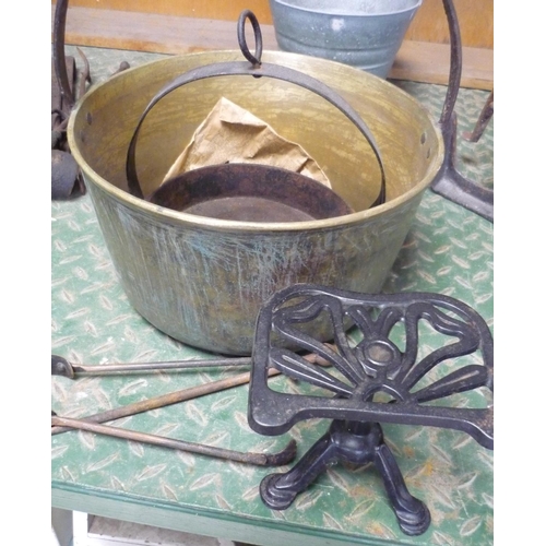 45 - Large jam pan with hanging frying pan, trivet and two fire irons