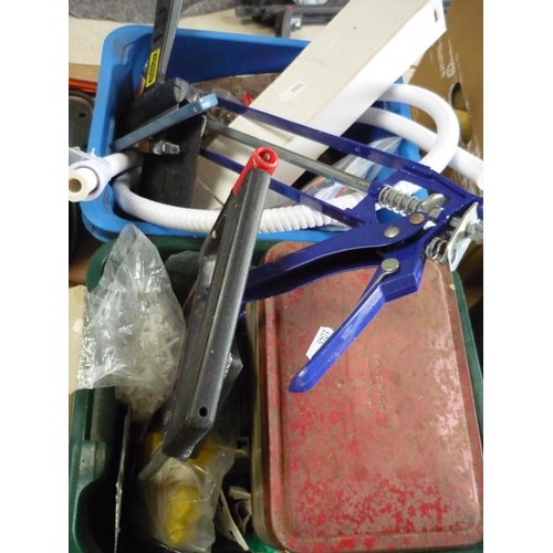 59 - Two boxes containing a collection of tools, mainly tile cutters, tile spacers, screws etc