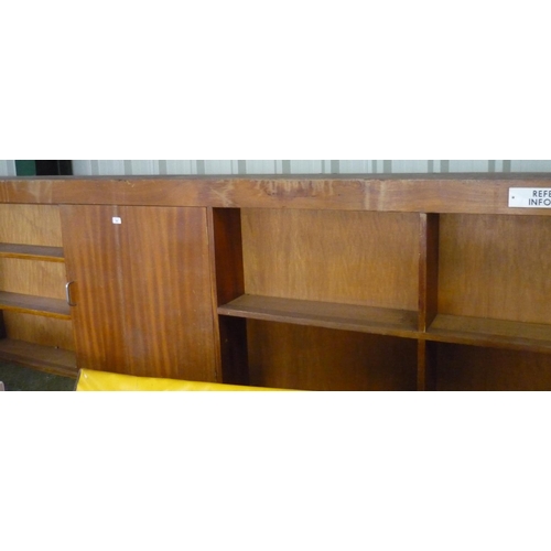 89 - Three large wooden shelving units, one with cupboard door