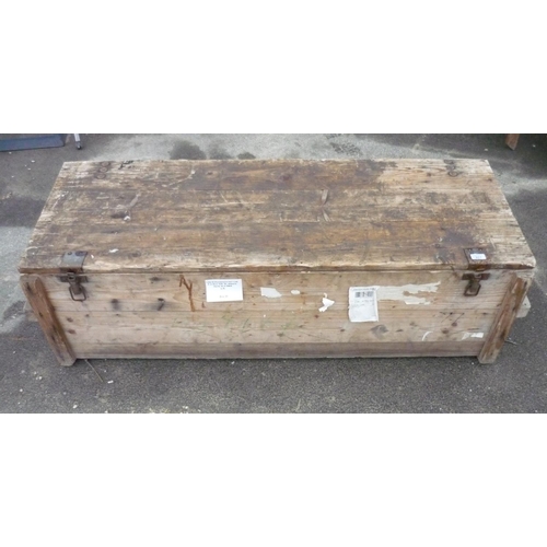 211 - Large wooden crate/box containing some marquee tent pegs and a tin box