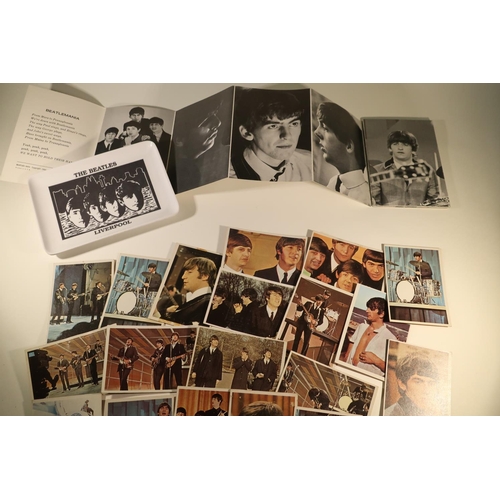 143 - Selection of The Beatles colour cards, Dell Beatles wallet, photoset and a The Beatles melamine pin ... 