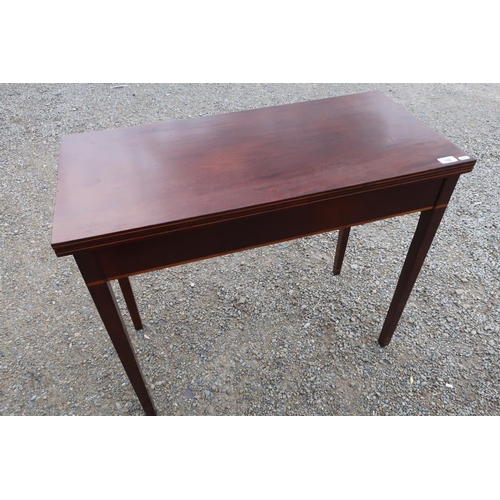 156 - 19th C mahogany rectangular fold over tea table with inlaid detail and square tapering supports (89c... 