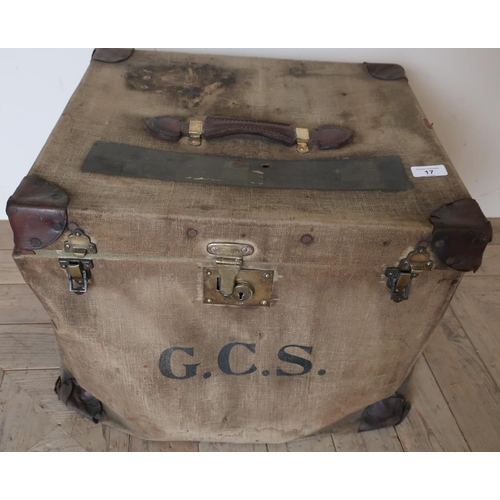 17 - Vintage canvas travelling trunk with leather reinforced corners and handle, and brass locks