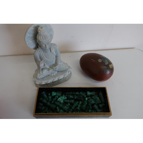25 - Selection of carved Malachite chess pieces, Oriental rectangular lacquered box, similar lacquered eg... 