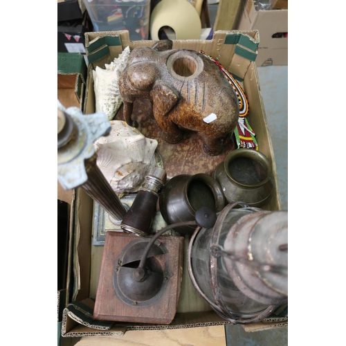 38 - Coffee grinder, carved wood elephant, large seashells, early 20th C binoculars etc