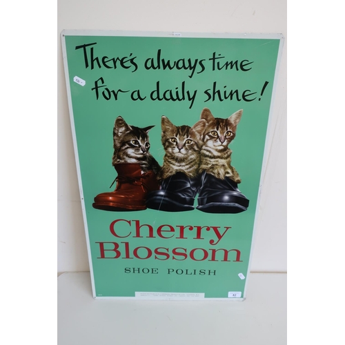 42 - Tin advertising Cherry Blossom Shoe Polish sign CB42 with three kittens in shoes