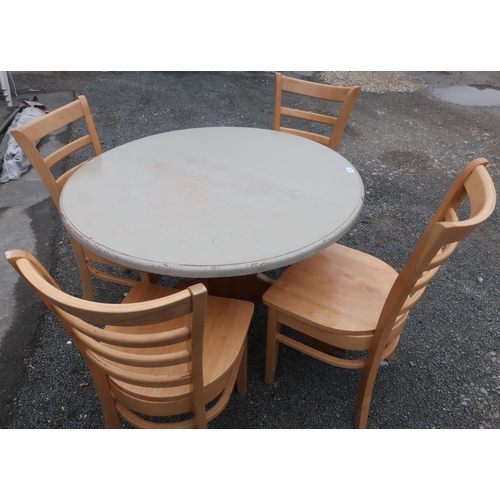 343 - Pine circular table with painted top and a set of four ladder back beech chairs
