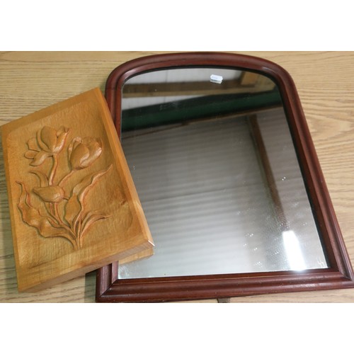 339 - Mahogany framed mirror and a carved oak panel