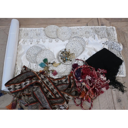 101 - Early 20th C embroidered silk table runner, black silk shawl, Middle Eastern horse and camel harness... 