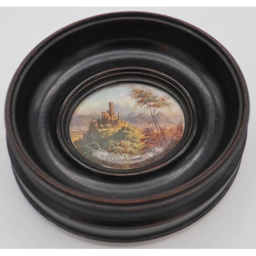 108 - Late 19th C small continental hand painted porcelain oval plaque depicting a ruined castle in landsc... 
