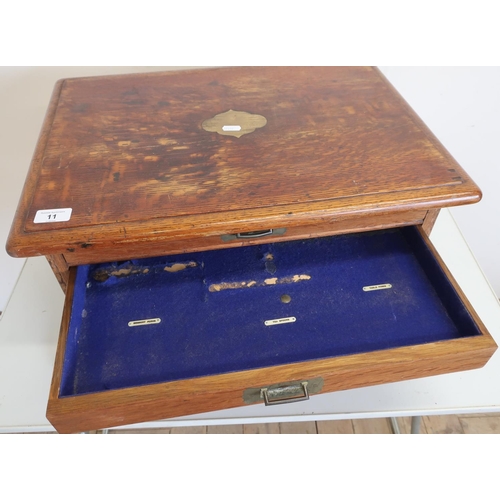 11 - Oak table top three drawer canteen with inset brass handles (empty) (66cm x 43cm x 26cm)