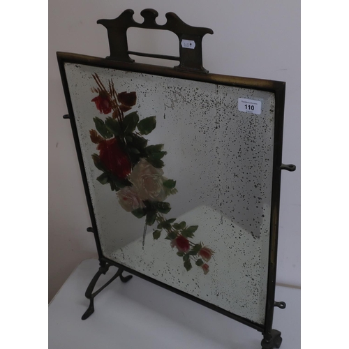 110 - Early 20th C brass framed firescreen with inset bevel edged mirror panel with hand painted decoratio... 