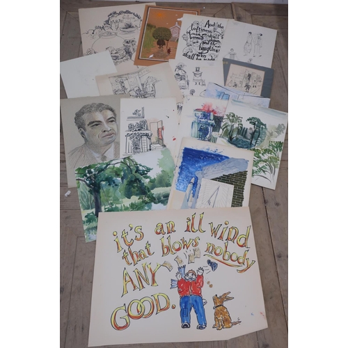 111 - Artists folio containing a selection of watercolours, hand drawings etc