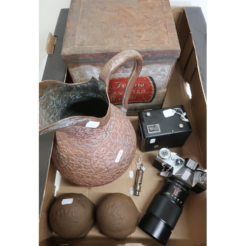 125 - Pair of cast iron wheel hubs, Eastern copper vase, Kodak Brownie 6-20 model E camera, Zenit-E and a ... 