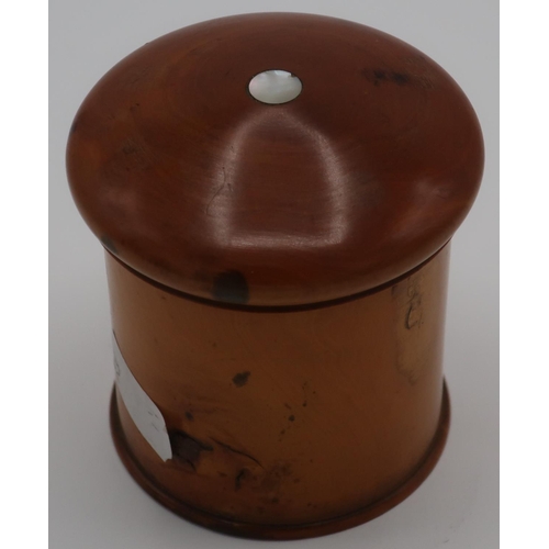 126 - Late Victorian treen turned fruit wood lidded container  with screw top and inset with mother of pea... 
