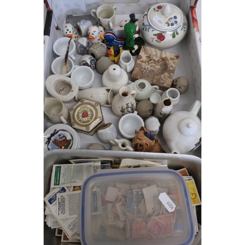 128 - Crested China, Poole pottery lidded container, collection of loose stamps, Brooke Bond tea cards etc