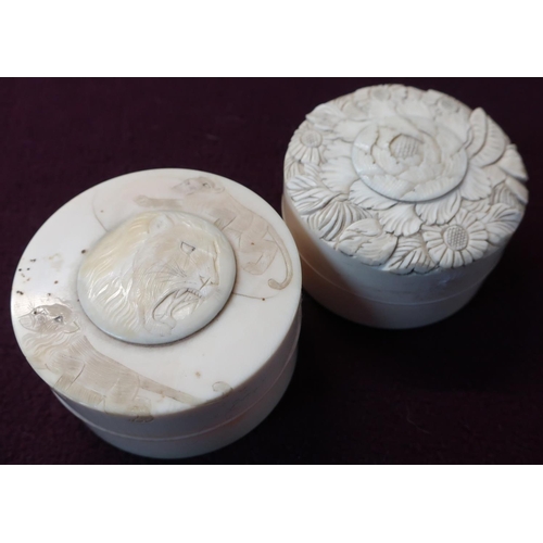 15 - Two 20th C carved ivory circular boxes (diameter 7cm)