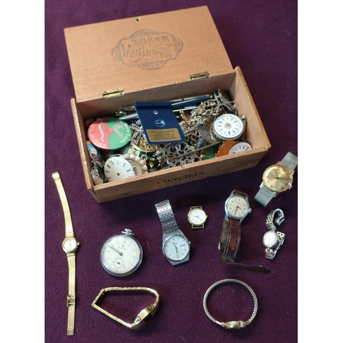 16 - Wooden box containing a quantity of various assorted costume jewellery, pocket watches, wristwatches... 