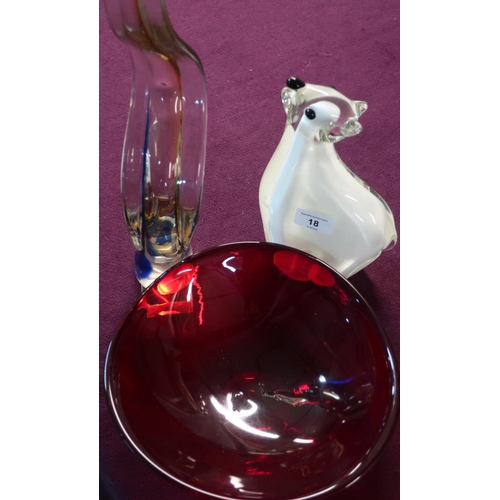 18 - Large Studio glass figure of a polar bear (24cm high), another Studio glass red bowl and another art... 