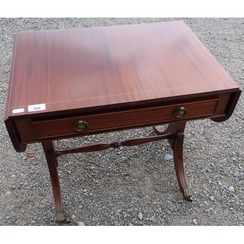 356 - Small drop-leaf mahogany sofa type table with single drawer and turned cross stretcher (41cm x 92cm ... 