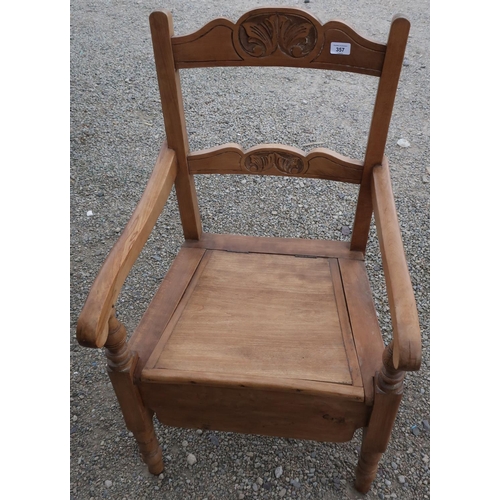 357 - Victorian beech commode armchair on turned supports with lift up seat