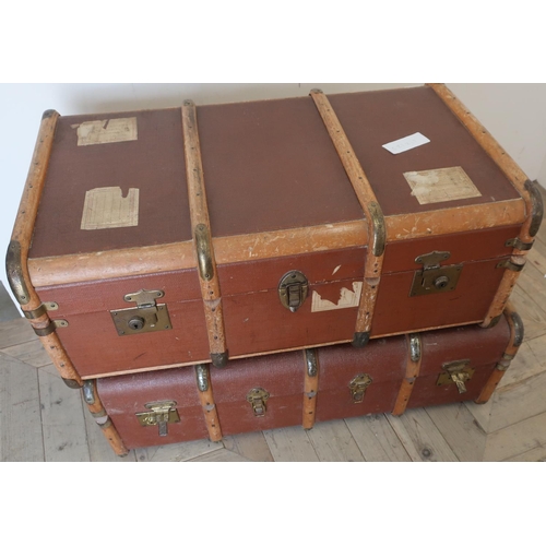 361 - Two similar wooden slatted flat top travelling trunks (84cm x 50cm x 32cm)