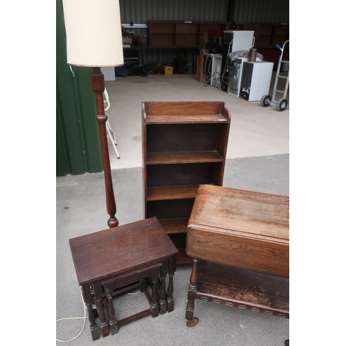 368 - Oak five tier bookcase, an early 20th C mahogany standard lamp with turned base, an oak nest of thre... 