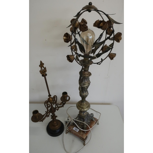 380 - Elaborate gilt metal table lamp on rectangular marble base and a two branch gilt metal candle stick ... 