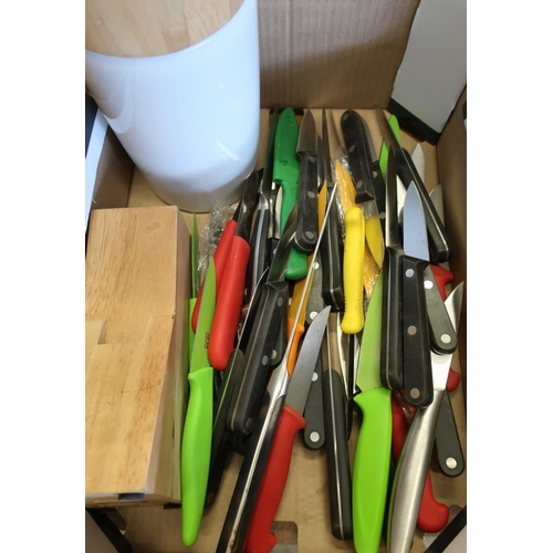 389 - Taylors Eye Witness and other small kitchen knives, some with coloured handles, a knife block and a ... 